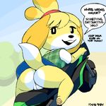  animal_crossing anthro bike butt canine clothing dialogue dog english_text female isabelle_(animal_crossing) looking_back mammal mario_kart motorcycle nintendo open_mouth plump_labia pussy shih_tzu skirt text upskirt video_games wheels xylas 