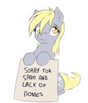 2015 alasou blonde_hair cutie_mark derpy_hooves_(mlp) english_text equine female feral friendship_is_magic fur grey_fur hair mammal my_little_pony plain_background reaction_image sign solo text white_background yellow_eyes 
