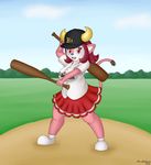  2015 anthro baseball_bat blue_nose bovine buffalo_bell clothed clothing dual_wielding female hair hat holding_weapon horn looking_at_viewer mammal marukomuru open_mouth orix_buffaloes pink_eyes pink_hair solo weapon 