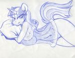  2015 anthro anthrofied bedroom_eyes black_and_white breasts cleavage clothed clothing equine female friendship_is_magic hair half-closed_eyes horn king-cheetah lying mammal monochrome my_little_pony nightgown pillow solo twilight_velvet_(mlp) unicorn 