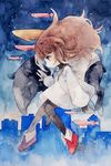  ankle_boots boots brown_hair cityscape deemo fish floating floating_hair girl_(deemo) highres long_hair looking_away mukai_nemui profile solo tapir traditional_media watercolor_(medium) 