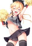  adapted_costume arm_up armpits black_legwear blonde_hair blush breasts cheering cheerleader closed_eyes elbow_gloves facing_viewer gloves hat highres igakusei kantai_collection long_hair low_twintails medium_breasts midriff miniskirt navel no_bra open_mouth pom_poms prinz_eugen_(kantai_collection) shirt skirt sleeveless sleeveless_shirt smile solo stomach sweat thighhighs twintails underboob wind wind_lift 