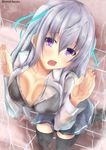  against_glass bad_id bad_pixiv_id black_bra black_legwear blush bra breasts cleavage collarbone kanzaki_kureha large_breasts long_hair open_mouth original purple_eyes silver_hair solo twintails two_side_up underwear wet wet_clothes 