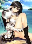  absurdres armor black_hair black_legwear breastplate breasts cleavage cliff cloud cross day earrings gauntlets highres jewelry large_breasts long_hair long_legs looking_at_viewer parted_lips pauldrons scan shining_(series) shining_resonance sitting skirt sky solo sonia_blanche tanaka_takayuki thighhighs water 