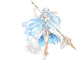  anklet aqua_(fire_emblem_if) barefoot blue_hair dress elbow_gloves feet fire_emblem fire_emblem_if full_body gloves hair_between_eyes hairband highres jewelry kozaki_yuusuke long_hair looking_at_viewer necklace official_art polearm ribbon simple_background solo spear veil very_long_hair weapon white_background yellow_eyes 
