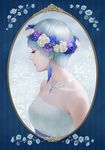  bare_shoulders closed_eyes earrings eyelashes feather_earrings flower framed from_side jewelry necklace original short_hair silver_hair solo suda_ayaka wreath 