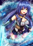 :d bad_id bad_pixiv_id blue_hair breasts cleavage detached_sleeves fingerless_gloves gauntlets gloves kanzaki_kureha large_breasts long_hair low-tied_long_hair open_mouth original sideways_glance skirt smile solo sword very_long_hair weapon yellow_eyes 