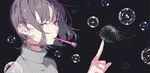  artist_name bangs bubble bubble_blowing grey_background grey_eyes grey_hair looking_back original ribbed_sweater short_hair solo sonomura sweater 