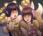  2girls animal_ears animal_print bad_id bad_pixiv_id bell bell_choker black_hair blush breasts choker cleavage cleavage_cutout emphasis_lines fox_ears fox_tail fur_collar gloves ii_naotora ii_naotora_(sengoku_musou) kemonomimi_mode large_breasts leotard lips long_hair maou_alba mole mole_on_breast multiple_girls navel_cutout nose o-ring o-ring_top oichi_(sengoku_musou) open_mouth paw_gloves paw_pose paws rape_face sengoku_musou sengoku_taisen short_hair tail tiger_ears tiger_print tiger_tail yellow_leotard 