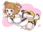  akemi_(wkd4496cxc) between_breasts big_belly blue_eyes blush breasts brown_hair fat flower-shaped_pupils full_body hasebe_shikiri large_breasts open_mouth shinken!! short_hair short_twintails smile solo strap_cleavage twintails 