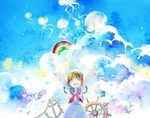 anchor arms_up beamed_eighth_notes bird braid brown_hair cloud deemo eighth_note girl_(deemo) invite_(deemo) jellyfish looking_at_viewer musical_note quarter_note rue_(wyha666) sailor smile solo twin_braids 