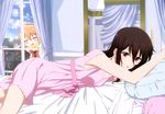  :o =_= absurdres against_glass bare_shoulders black_hair blush brown_eyes brown_hair curtains cushion drooling glass highres ichinomiya_eruna indoors lying mikagura_gakuen_kumikyoku mikagura_seisa mirror multiple_girls nightgown official_art on_stomach open_mouth parted_lips peeping pointing scarf sleeveless stalker window 