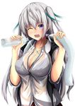  ;d bad_id bad_pixiv_id breasts cleavage jewelry kanzaki_kureha large_breasts long_hair looking_at_viewer necklace one_eye_closed open_mouth original pouring purple_eyes silver_hair simple_background smile solo towel two_side_up wet wet_clothes white_background 