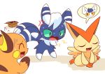  2018 anger_vein blush buro_(block) cute_fangs eyes_closed featureless_crotch feline feral group legendary_pok&eacute;mon mammal meowstic nintendo open_mouth pok&eacute;mon pok&eacute;mon_(species) raichu rodent semi-anthro simple_background speech_bubble sweat tongue victini video_games 