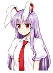  :3 animal_ears blush bunny_ears carrot collared_shirt highres itou_yuuji long_hair looking_at_viewer necktie nervous open_mouth purple_hair red_eyes red_neckwear reisen_udongein_inaba shirt smile solo tie_clip touhou tsurime upper_body white_background 