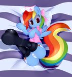  avoid_posting bed_sheet blue_fur bow clothed clothing conditional_dnp cutie_mark equine female friendship_is_magic fur hair hat legs_up legwear looking_at_viewer lying mammal multicolored_hair my_little_pony nurse omiart panties pegasus pillow pink_eyes rainbow_dash_(mlp) rainbow_hair shirt smile solo stockings underwear wings 