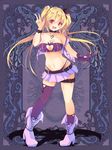  :d blonde_hair breasts cleavage dennryuurai fantasy gloves highleg highleg_panties large_breasts long_hair open_mouth panties psychic_hearts red_eyes single_glove single_thighhigh smile solo thighhighs twintails underwear v 