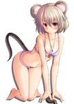  :&lt; adworse all_fours animal_ears barefoot blush bow bow_panties bra breasts cleavage full_body grey_hair highres jewelry long_hair medium_breasts mouse_ears mouse_tail navel nazrin panties pendant red_eyes short_hair simple_background solo tail thigh_gap touhou underwear underwear_only white_background 