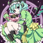  astaroth_(p&amp;d) bad_id bad_pixiv_id bow cauchemar_(p&amp;d) demon_girl demon_horns detached_sleeves dress frilled_dress frills green_bow green_dress hairband horns long_sleeves lowres magic_circle outline pantsu_majirou pentagram puffy_long_sleeves puffy_sleeves purple_eyes purple_ribbon puzzle_&amp;_dragons ribbon short_hair smile solo wings 