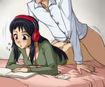  1boy 1girl akiyama_mio anal ass bed black_hair book bottomless breasts cleavage cum cum_in_ass female from_behind headphones k-on! long_hair male mole multitasking no_panties on_stomach ragathol reading sex spidu 