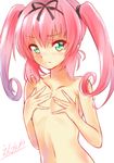  breast_conscious breasts covering covering_breasts engawa_(rarenago) green_eyes hairband long_hair nana_asta_deviluke navel nude pink_hair ribbon small_breasts solo to_love-ru twintails upper_body 