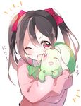  atsumi_jun black_hair chikorita crossover gen_2_pokemon hair_ribbon hug leaf love_live! love_live!_school_idol_project one_eye_closed open_mouth otonokizaka_school_uniform pokemon pokemon_(creature) red_eyes ribbon school_uniform twintails yazawa_nico 