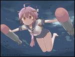  :&lt; ahoge bare_legs closed_mouth hair_ornament i-58_(kantai_collection) kantai_collection necktie pink_hair red_eyes school_swimsuit school_uniform serafuku short_hair solo suka swimsuit swimsuit_under_clothes torpedo twitter_username underwater v-shaped_eyebrows 