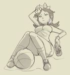  1up alternate_costume bad_source breasts crown earrings gloves highres jewelry long_hair mario_strikers_charged medium_breasts norasuko princess_daisy shoes shorts sitting sneakers socks solo wiping_sweat 