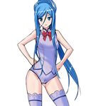  aegis_(nerocc) aoki_hagane_no_arpeggio blue_eyes blue_hair blush bow breasts contrapposto crotch_seam hair_between_eyes hands_on_hips long_hair looking_at_viewer medium_breasts mole mole_under_mouth parted_lips ponytail shirt short_shorts shorts simple_background sleeveless sleeveless_shirt solo standing takao_(aoki_hagane_no_arpeggio) thighhighs very_long_hair white_background 