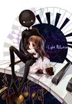  absurdres brown_hair deemo deemo_(character) dress full_body girl_(deemo) hand_on_another's_head harrymiao highres hug instrument kneeling light_pollution_(deemo) long_hair looking_at_viewer pantyhose piano sitting song_name 