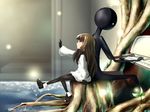  ankle_boots back-to-back bakadash boots deemo deemo_(character) dress girl_(deemo) gloves instrument long_hair looking_up outstretched_arm pantyhose piano profile sitting sitting_on_tree_stump stairs tree tree_stump water 