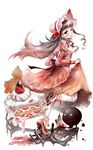  brown_hair cake castle chocolate deemo deemo_(character) dress food from_side fruit full_body girl_(deemo) highres lolita_fashion looking_at_viewer looking_back pink_dress rosetta_(deemo) skirt skirt_lift slice_of_cake smile stepping strawberry strawberry_shortcake vesta_(delaurant02) 
