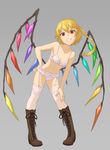  asymmetrical_hair bare_shoulders blonde_hair boots bra cross-laced_footwear crystal flandre_scarlet full_body garter_straps grey_background grin kurione_(zassou) lingerie looking_at_viewer navel no_hat no_headwear panties pose red_eyes short_hair side_ponytail simple_background smile solo stomach thighhighs touhou underwear underwear_only white_legwear wings 