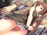  artist_request brown_hair censored chikan naughty_face panties penis peragura public red_eyes skirt_lift thigh_sex twintails underwear 