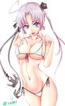  :3 akitsushima_(kantai_collection) bikini breasts cleavage earrings franz_(217franz) front-tie_top highres jewelry kantai_collection large_breasts looking_at_viewer navel open_mouth purple_eyes side-tie_bikini side_ponytail silver_hair smile solo strap_lift strap_pull swimsuit 