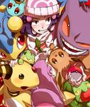  ampharos beanie boots brown_eyes coat cuddling eating eevee gen_1_pokemon gen_2_pokemon gen_3_pokemon gen_4_pokemon gen_5_pokemon gengar grin hat highres hikari_(pokemon) holding holding_poke_ball lanturn looking_at_viewer one_eye_closed poke_ball poke_ball_(generic) pokemon pokemon_(creature) pokemon_(game) pokemon_dppt pokemon_platinum purple_eyes purple_hair red_eyes scarf smile squirtle stunfisk treecko turtwig white_scarf winter_clothes yellow_eyes 