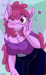  &lt;3 2015 anthro anthrofied berry_punch_(mlp) big_breasts breasts bulge chest_tuft clothing dickgirl drunk earth_pony equine erect_nipples friendship_is_magic fur hair horse intersex looking_at_viewer mammal my_little_pony nipples one_eye_closed pink_eyes pony purple_fur purple_hair skoon smile solo tuft wink 
