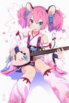  animal_ears blue_eyes blue_hair blush detached_sleeves guitar hato_haru instrument japanese_clothes kimono kimono_skirt leg_warmers looking_at_viewer mouse_girl open_mouth pink_hair show_by_rock!! smile solo tail un_(show_by_rock!!) wide_sleeves 
