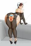  1girl anal ass bent_over blush brown_eyes brown_hair butt_plug buttplug chun-li colored high_heels huge_ass lm_(legoman) looking_at_viewer looking_back pose pussy street_fighter thick_thighs uncensored wide_hips 