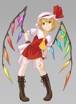  ascot asymmetrical_hair blonde_hair boots bow crystal flandre_scarlet full_body garter_straps grey_background grin hat hat_bow kurione_(zassou) looking_at_viewer mob_cap pose puffy_sleeves red_eyes shirt short_hair short_sleeves side_ponytail simple_background skirt skirt_set smile solo thighhighs touhou vest white_legwear wings wrist_cuffs zettai_ryouiki 