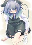  animal_ears bent_over blush capelet closed_eyes grey_hair ishikkoro jewelry long_sleeves mouse_ears mouse_tail nazrin necklace shirt short_hair skirt skirt_set sock_pull socks solo tail touhou vest white_legwear 