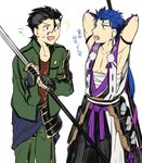  armor black_hair blue_hair cosplay fate/stay_night fate/zero fate_(series) japanese_armor kusazuri lancer lancer_(fate/zero) male_focus multiple_boys naginata otegine otegine_(cosplay) parody polearm ruchi tonbokiri_(touken_ranbu) tonbokiri_(touken_ranbu)_(cosplay) touken_ranbu translation_request weapon 