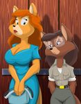  anthro big_breasts blue_eyes breast_envy breasts brown_hair canine clothed clothing disney dress duo elevator eyewear female fox glasses green_eyes hair jealous katie_dodd mammal myra_foxworthy op80918 purse red_hair size_difference small_breasts stare talespin 