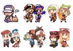  5girls 6+boys backwards_hat bandana baseball_cap brown_hair calme_(pokemon) chibi coat crystal_(pokemon) cyndaquil fennekin game_boy game_boy_advance gen_1_pokemon gen_2_pokemon gen_3_pokemon gen_4_pokemon gen_5_pokemon gen_6_pokemon gold_(pokemon) handheld_game_console haruka_(pokemon) hat hikari_(pokemon) holding holding_handheld_game_console holding_pokemon holding_stylus kouki_(pokemon) long_hair multiple_boys multiple_girls nintendo_3ds nintendo_ds pikachu piplup pixel_art pokemon pokemon_(creature) pokemon_(game) pokemon_bw pokemon_dppt pokemon_emerald pokemon_gsc pokemon_platinum pokemon_rgby pokemon_rse pokemon_xy red_(pokemon) serena_(pokemon) snivy ssalbulre torchic touko_(pokemon) touya_(pokemon) white_background winter_clothes yuuki_(pokemon) 