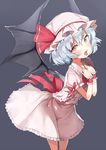  bat_wings blue_hair blush bow dress gomibox hat hat_bow looking_at_viewer mob_cap open_mouth red_eyes remilia_scarlet ribbon-trimmed_sleeves ribbon_trim simple_background solo tongue tongue_out touhou wings wrist_cuffs 