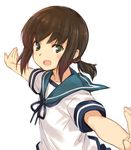  :o brown_hair fubuki_(kantai_collection) green_eyes kantai_collection kawata_hisashi looking_at_viewer open_mouth outstretched_arms ponytail ribbon sailor_collar school_uniform serafuku sidelocks simple_background solo spread_arms upper_body white_background 