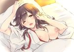  akagi_(kantai_collection) bed breasts breasts_outside brown_eyes brown_hair kantai_collection large_breasts light long_hair lying morning nipples no_bra one_eye_closed open_mouth otabe_sakura pillow solo waking_up 