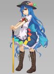  blue_hair boots bow bowtie food fruit full_body grey_background hat hinanawi_tenshi kurione_(zassou) leaf long_hair looking_at_viewer open_mouth peach puffy_sleeves red_eyes shirt short_sleeves simple_background skirt solo sword_of_hisou touhou very_long_hair 