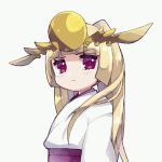  &gt;:( 1girl bangs blonde_hair blunt_bangs blush closed_mouth grey_background headgear japanese_clothes kimono light_frown long_hair looking_at_viewer looking_to_the_side obi pikomarie purple_eyes puzzle_&amp;_dragons sash simple_background solo v-shaped_eyebrows very_long_hair white_kimono yomi_(p&amp;d) 