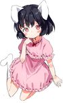  animal_ears black_hair blush bunny_ears dress gomibox inaba_tewi looking_at_viewer pink_dress red_eyes ribbon-trimmed_skirt ribbon_trim short_hair simple_background sitting socks solo touhou white_background 